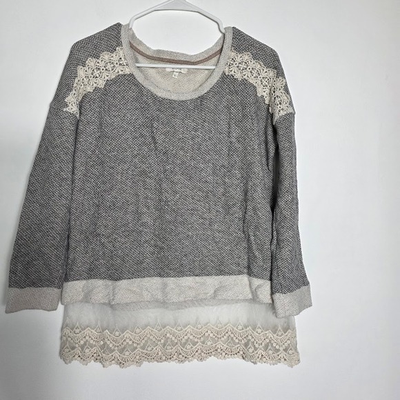 Maurice Lacroix Tops - Maurice Gray Lace Shoulder Tunic Layered Look Sweater Womens Size‎ L